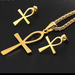 New 18K Gold Ankh Necklace/ Earring